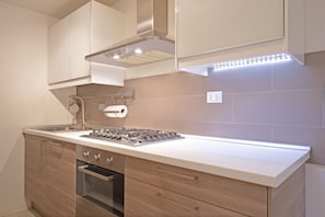 Une cuisine moderne équipée d’une cuisinière à gaz, d’un four et de meubles en acier inoxydable.