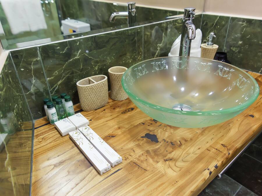 A bathroom with a large glass bowl sink, wooden countertop, and toiletries.