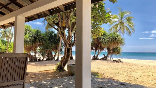 A covered outdoor area with a wooden bench, palm trees, and a view of the beach. - Moon Isle Beach Bunglow (Nilaveli)