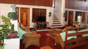 Un salón amplio con muebles de mimbre, televisión y plantas en macetas.