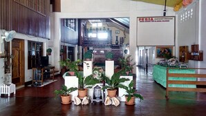 Una habitación amplia con pisos de madera, un televisor y varias plantas en macetas.