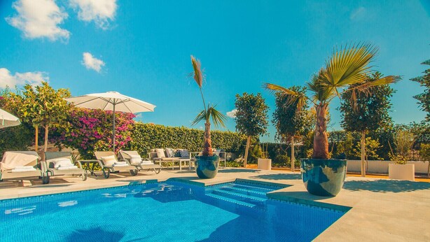 A swimming pool with lounge chairs and umbrellas, surrounded by palm trees and a hedge. - Villa LADERA by Abahana Villas (Calp)