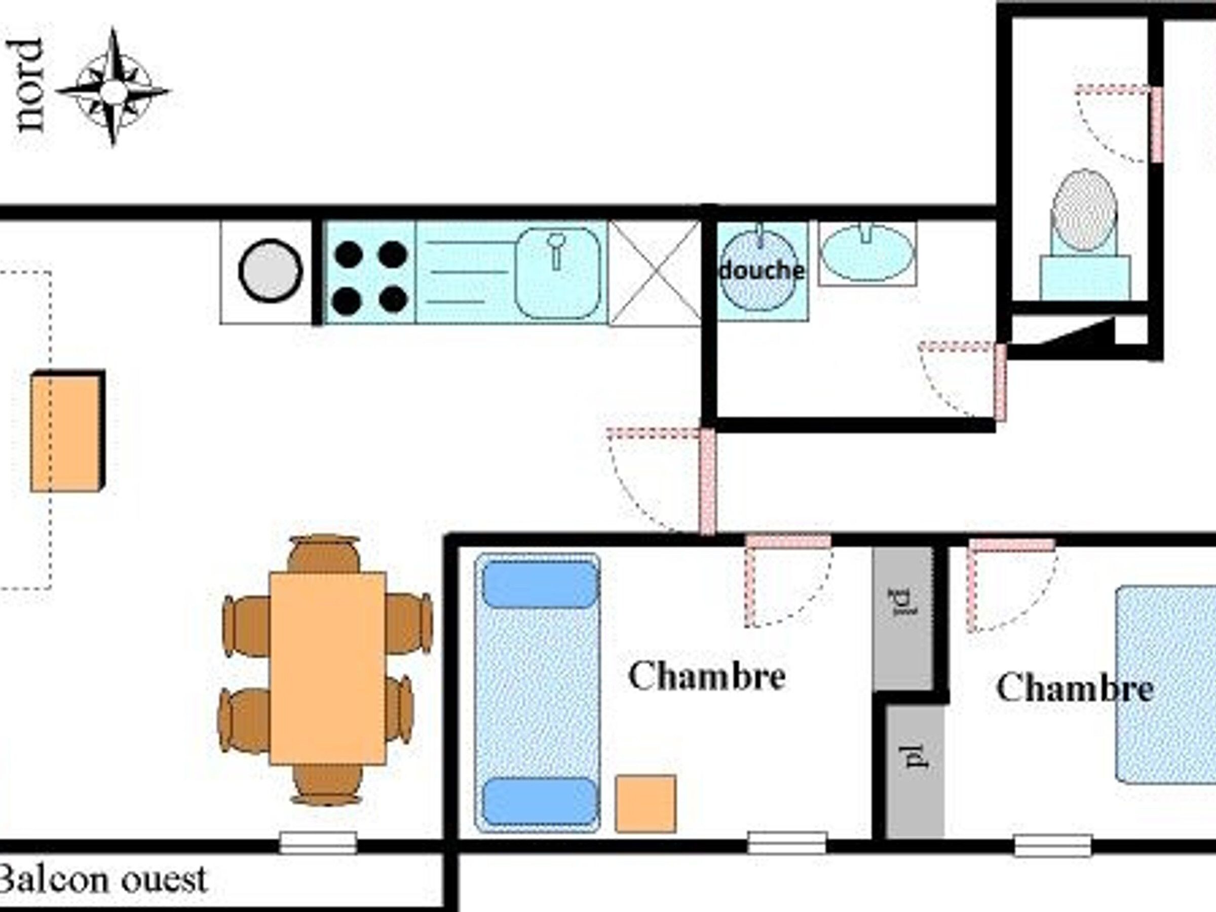 A floor plan with a dining area, two bedrooms, a bathroom, and a kitchen.