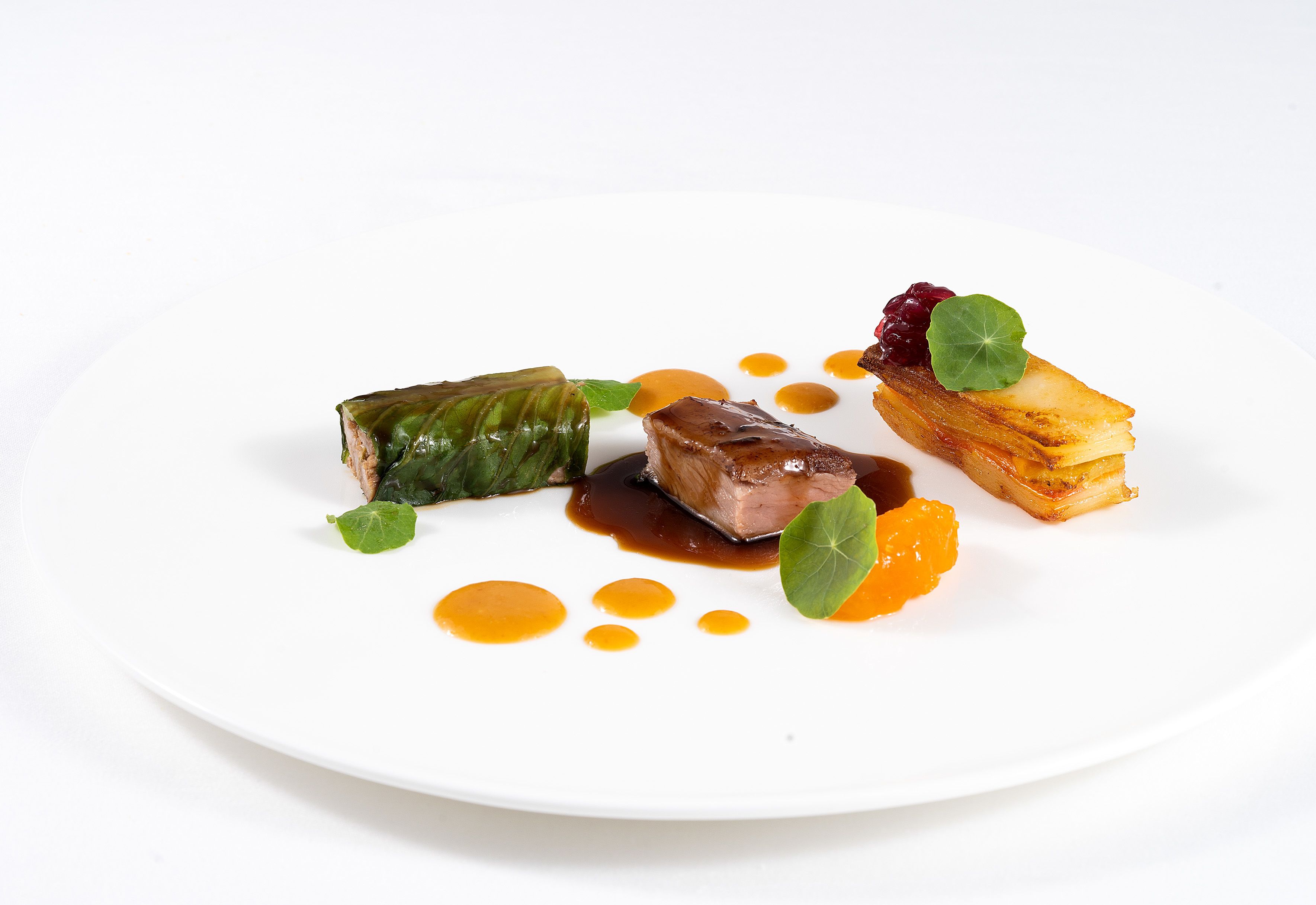 Un plato blanco con diversos alimentos, incluyendo un trozo de carne, verdura y una guarnición de fruta.
