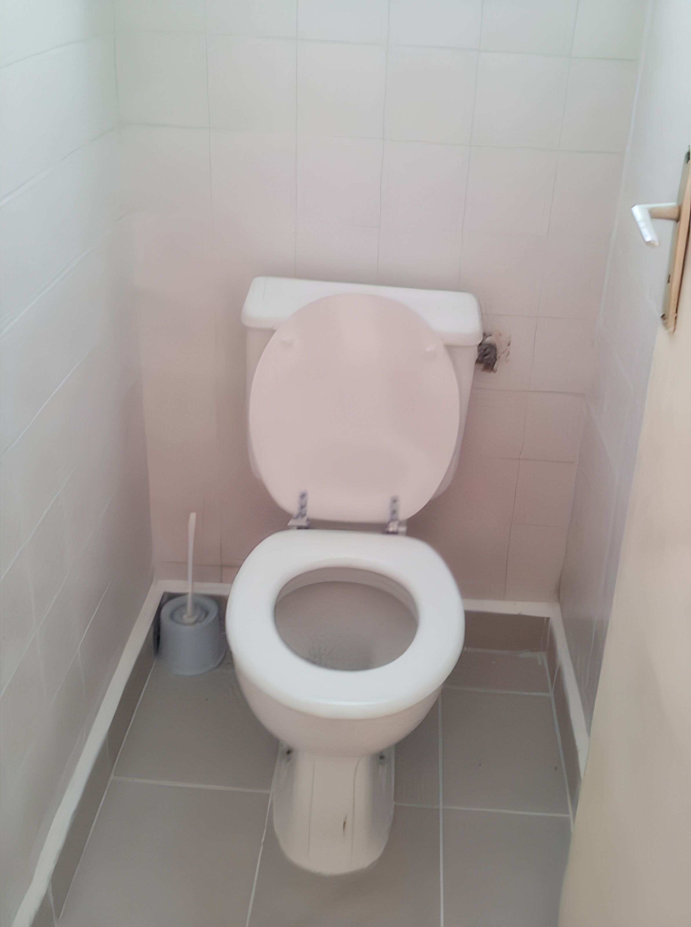 A standard white toilet with a closed seat in a bathroom with white tiled walls and floor.