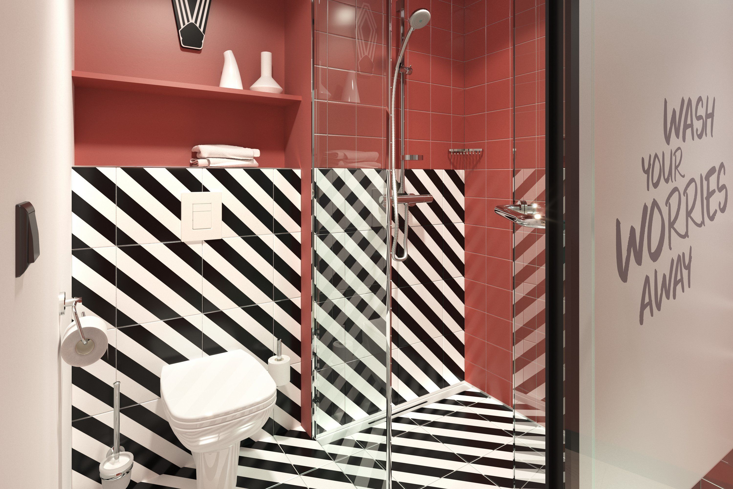 Ein modernes Badezimmer mit einem schwarz-weißen Schachfußboden, einer Duschkabine aus Glas und einer roten Akzentwand.