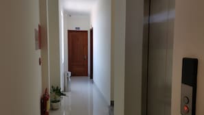 A hallway with a fire extinguisher, a potted plant, and an elevator.