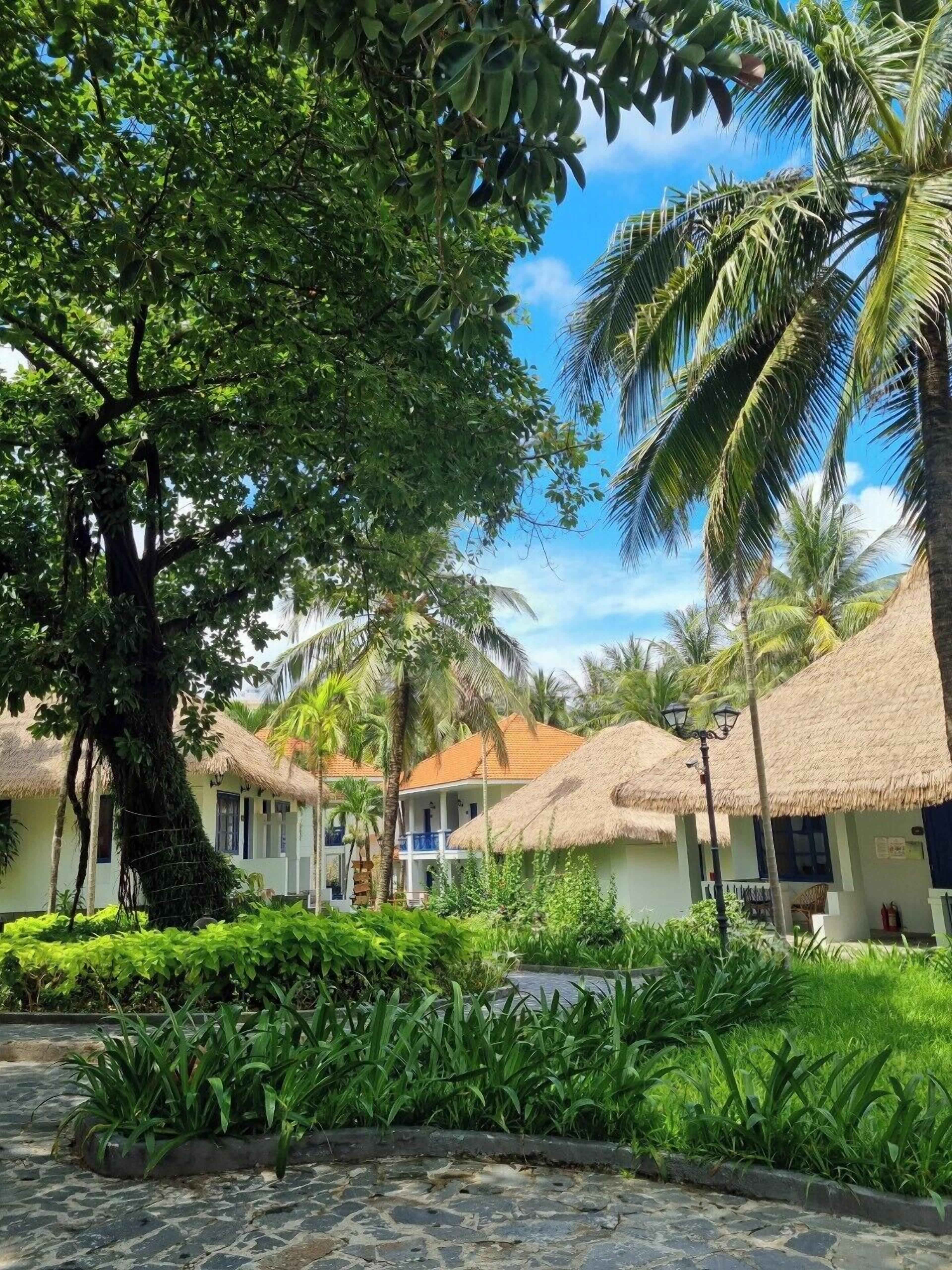 A tropical resort with thatched-roof cottages, lush greenery, and a cobblestone pathway.