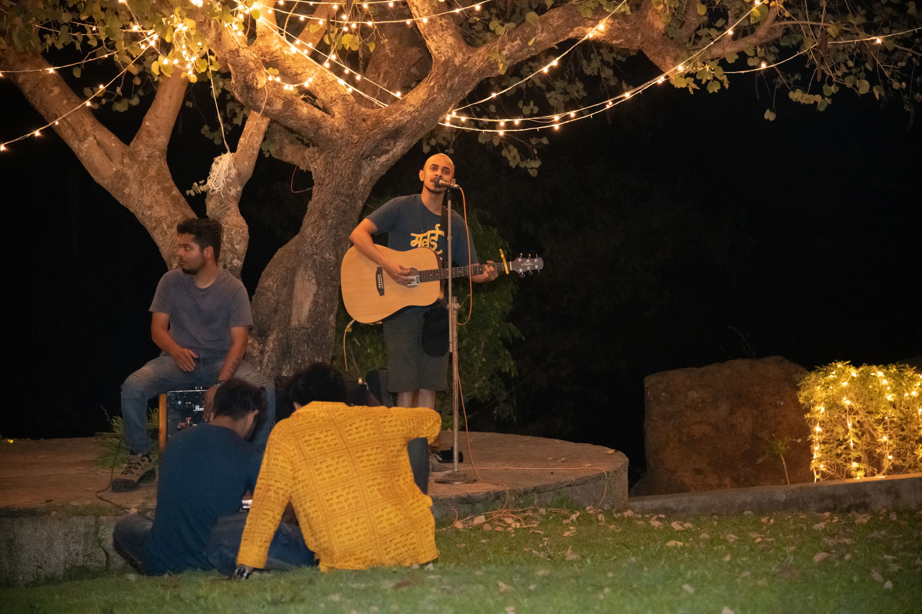 A person playing an acoustic guitar on a stage with a microphone, surrounded by a tree with string lights.