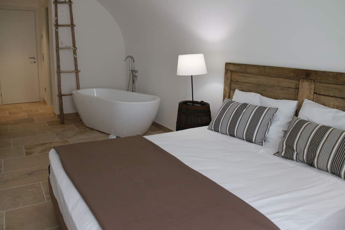 Un dormitorio con una cama grande, un cabecero de madera, una bañera blanca, una lámpara de noche y una escalera de madera apoyada en la pared.
