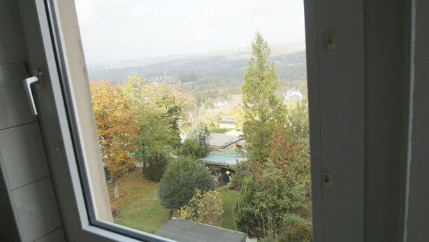 Vista desde una ventana sobre un área residencial con casas y árboles.