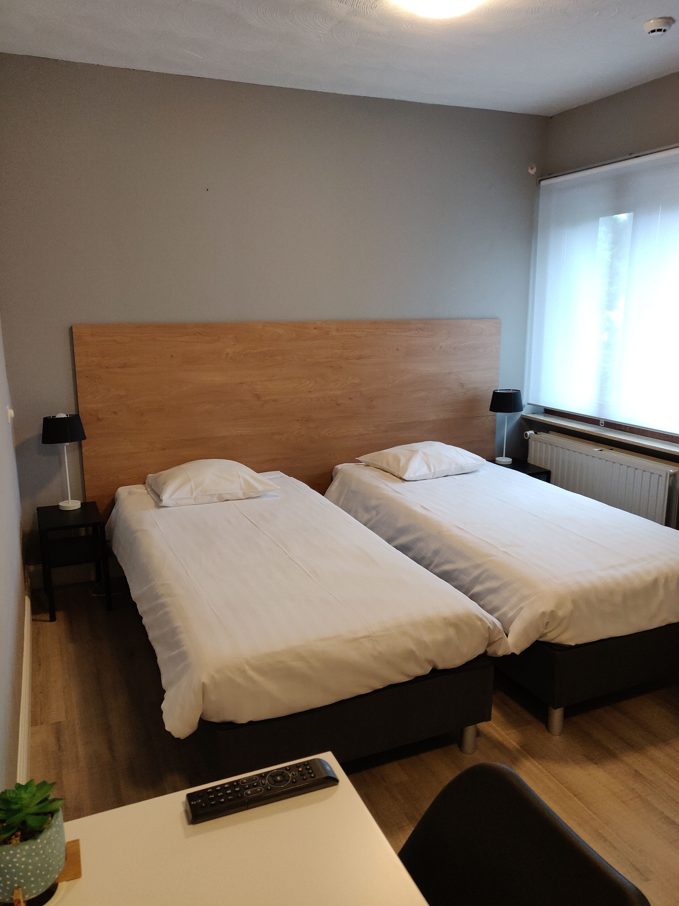 A hotel room with two single beds, a wooden headboard, a small table with a remote control, a nightstand with a lamp, and a window with curtains.