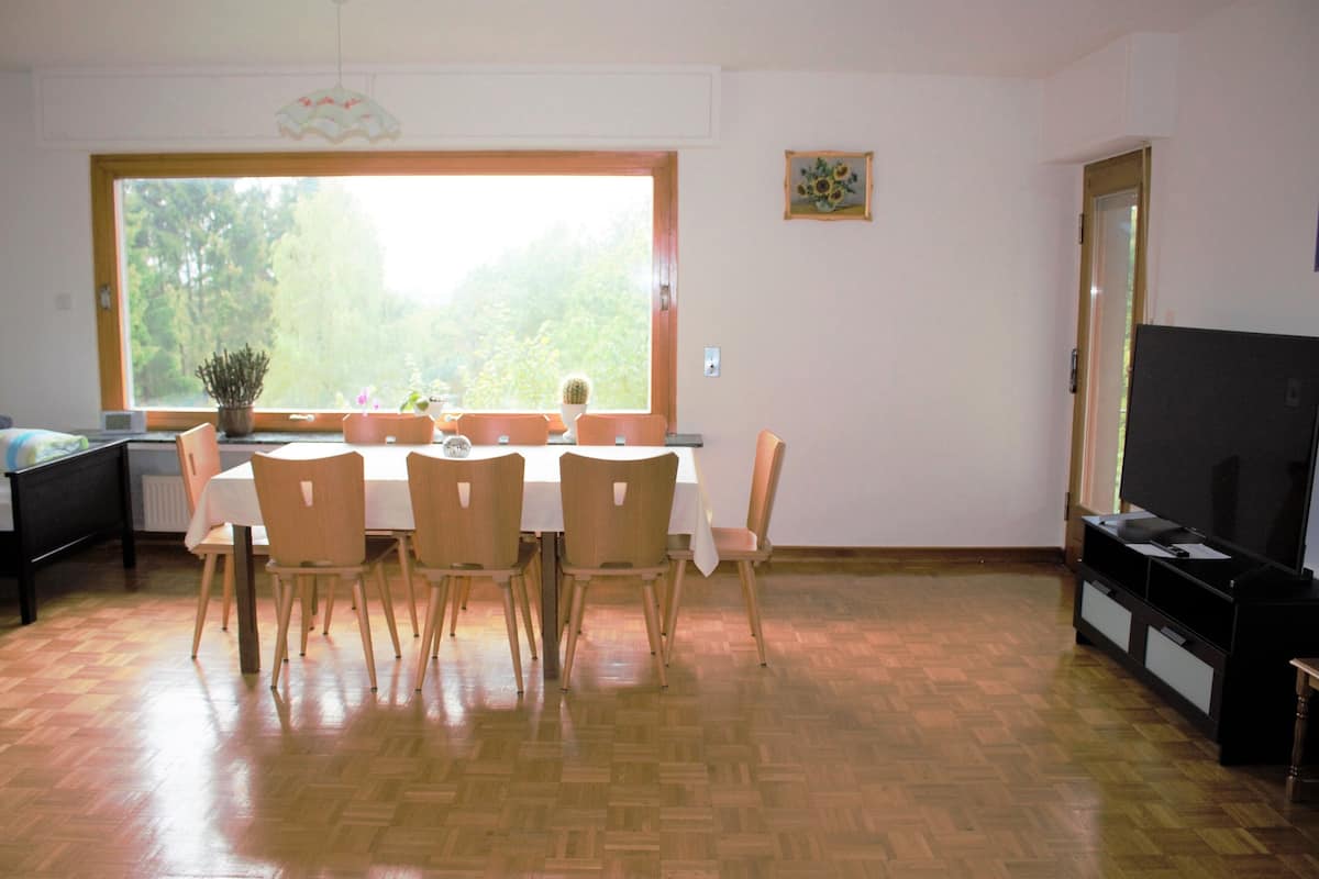 Uma sala de jantar com uma janela grande, uma televisão e uma planta no parapeito.