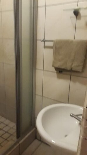 Eenvoudige kamer | Badkamer | Een douche, handdoeken, toiletpapier