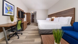 Une chambre d’hôtel avec un lit, un bureau et une chaise, une télévision et un canapé bleu.