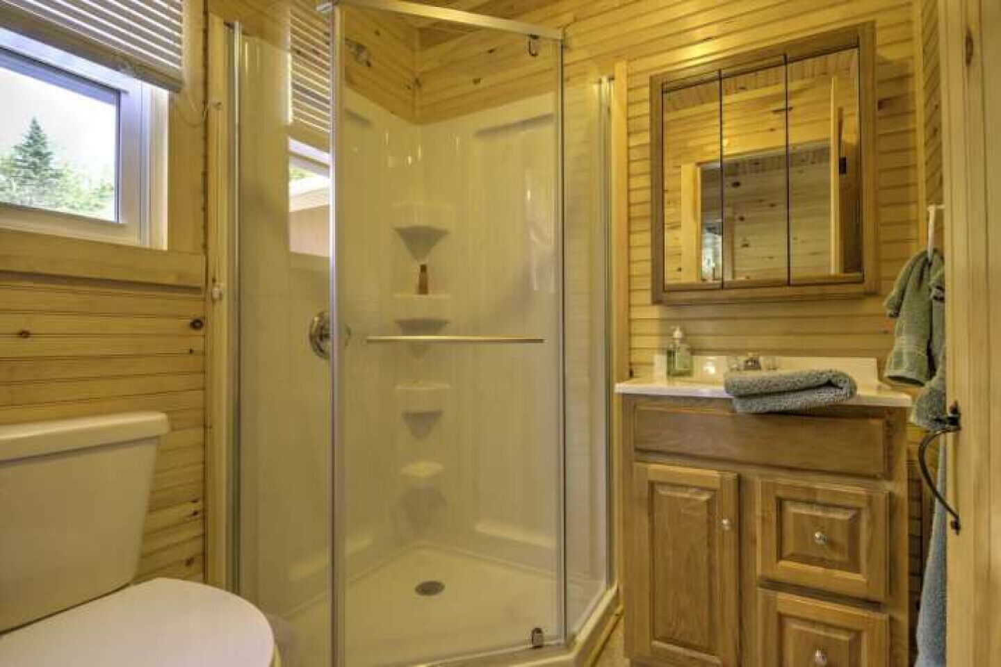 Een bad/douchecombinatie, handdoeken, zeep, toiletpapier