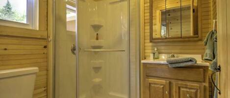 Combined shower/bathtub, towels, soap, toilet paper