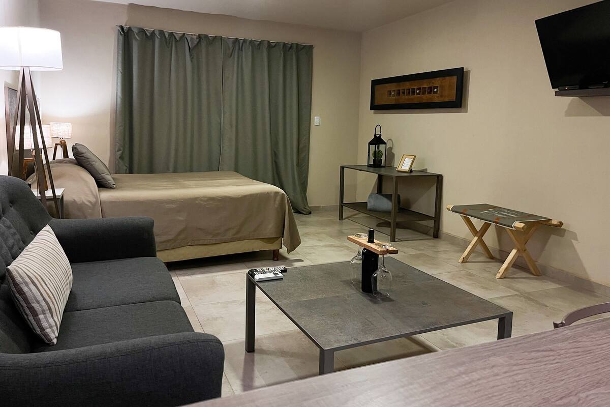 Une chambre d’hôtel moderne équipée d’un lit, d’un canapé, d’une table basse, d’une table d’appoint et d’un téléviseur fixé au mur.