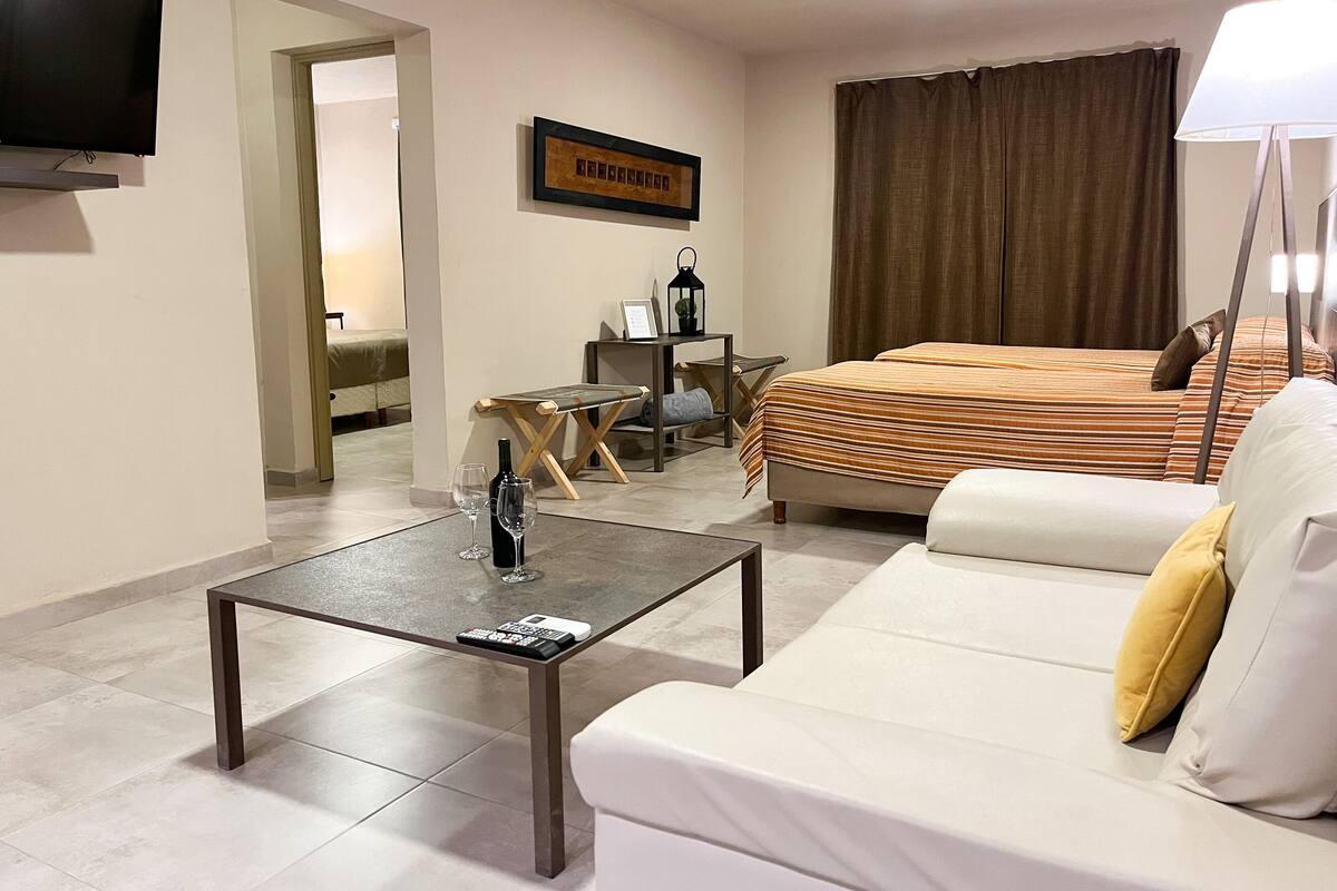 Une chambre d’hôtel comprenant un lit, un canapé, une table basse, une télévision et un bureau avec une chaise.