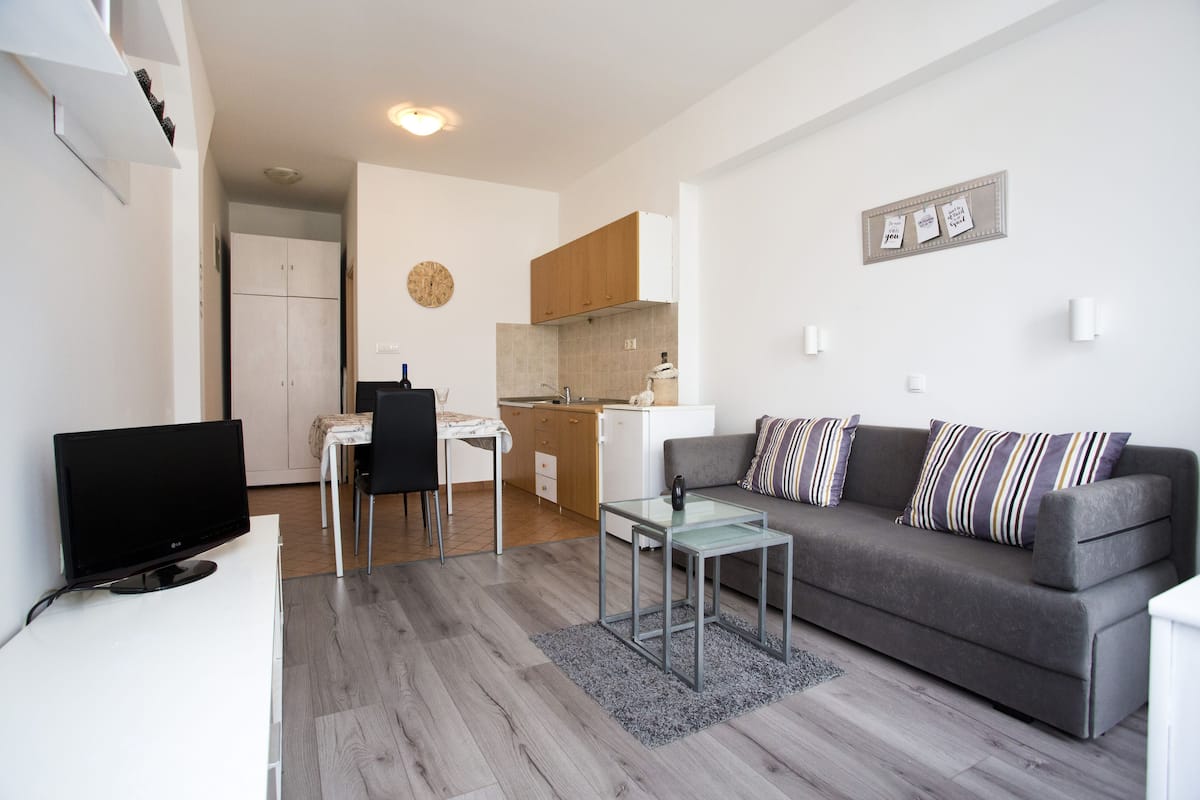 A modern living room with a grey sofa, a glass coffee table, and a flat-screen TV. There is a kitchen area with wooden cabinets and a white countertop.