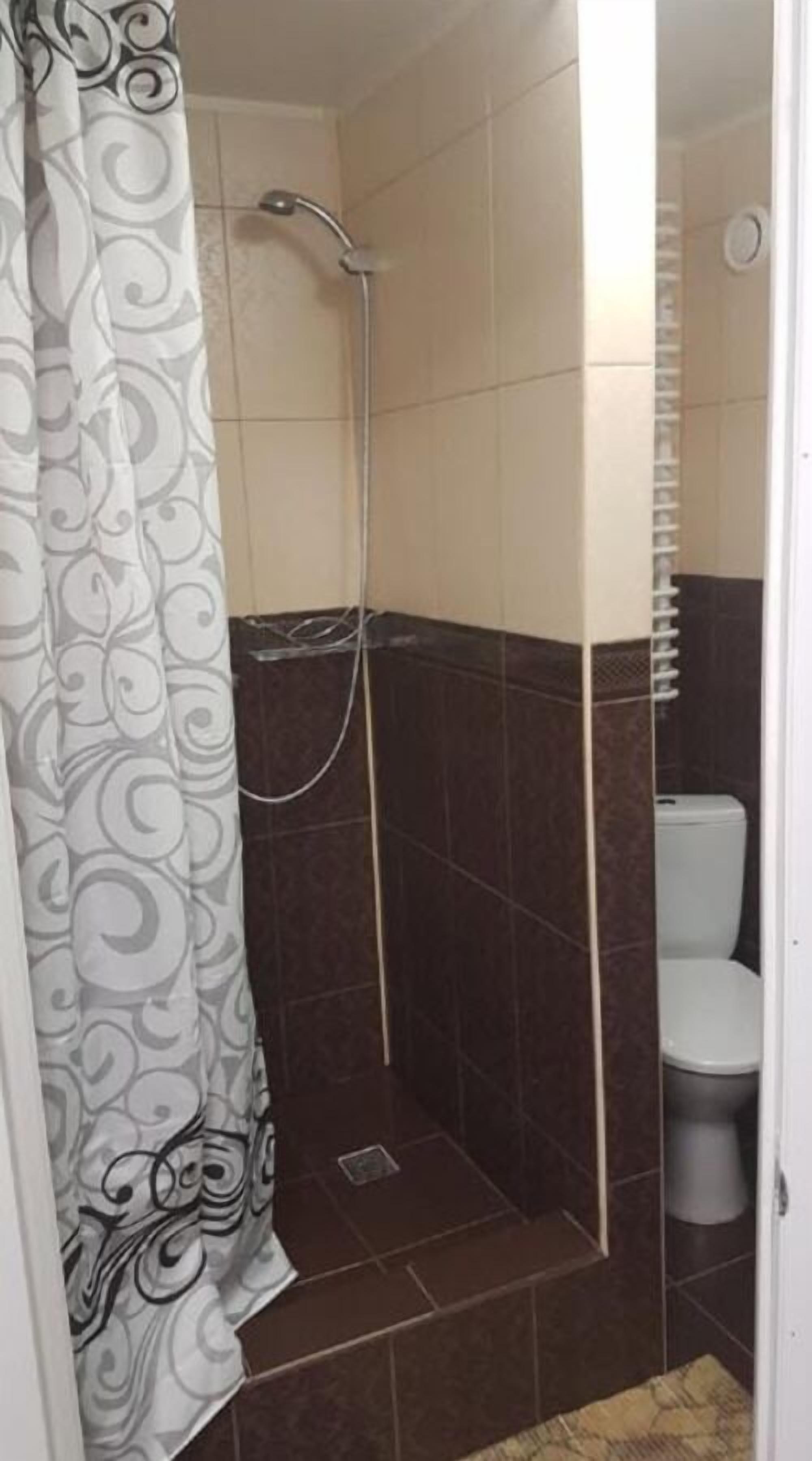 Un bagno con doccia, servizi igienici e tenda decorata.