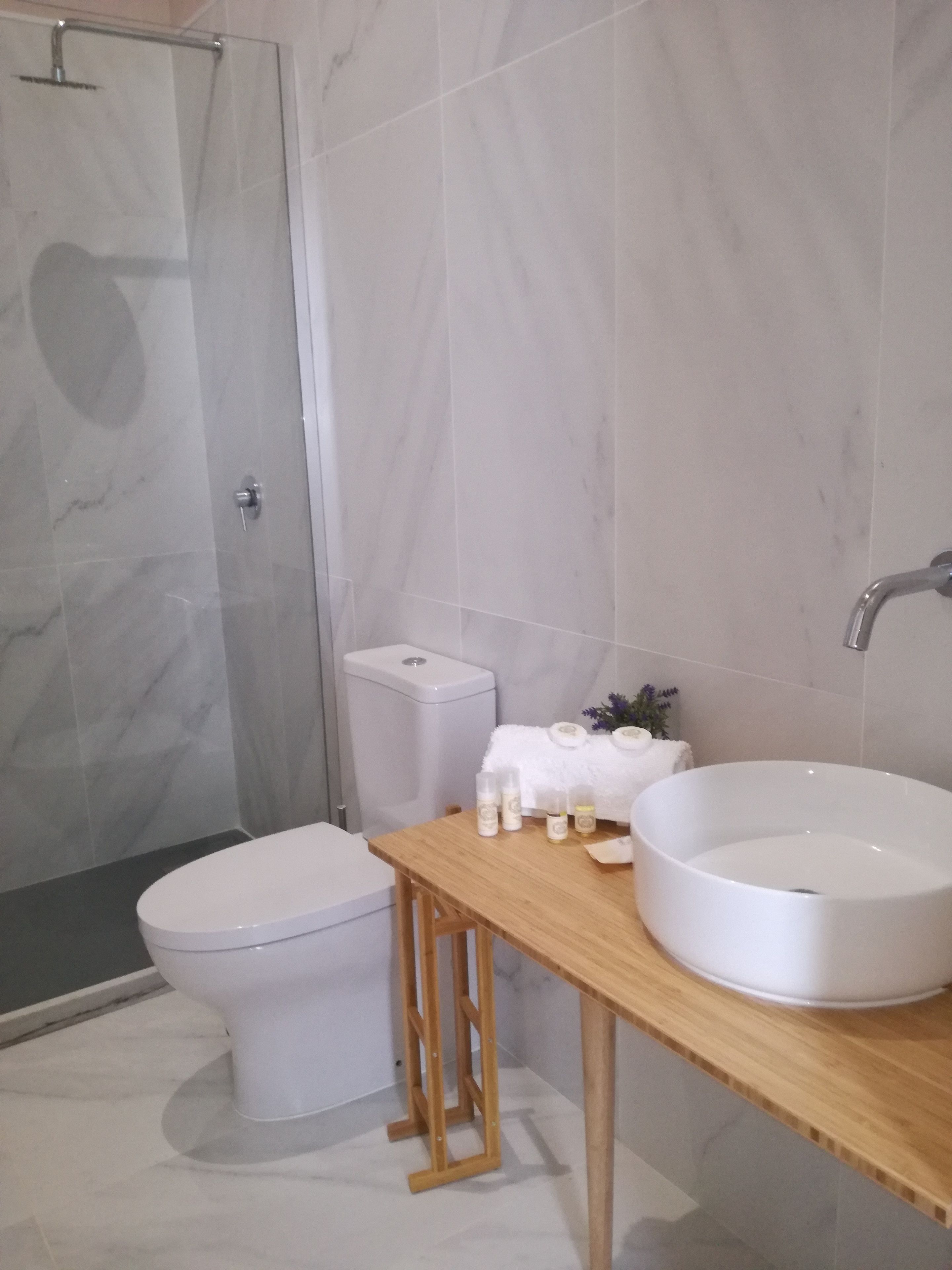 A bathroom with a toilet, a shower, and a sink.