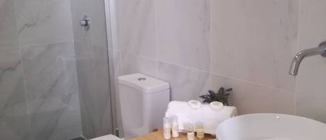 A bathroom with a toilet, a shower, and a sink.