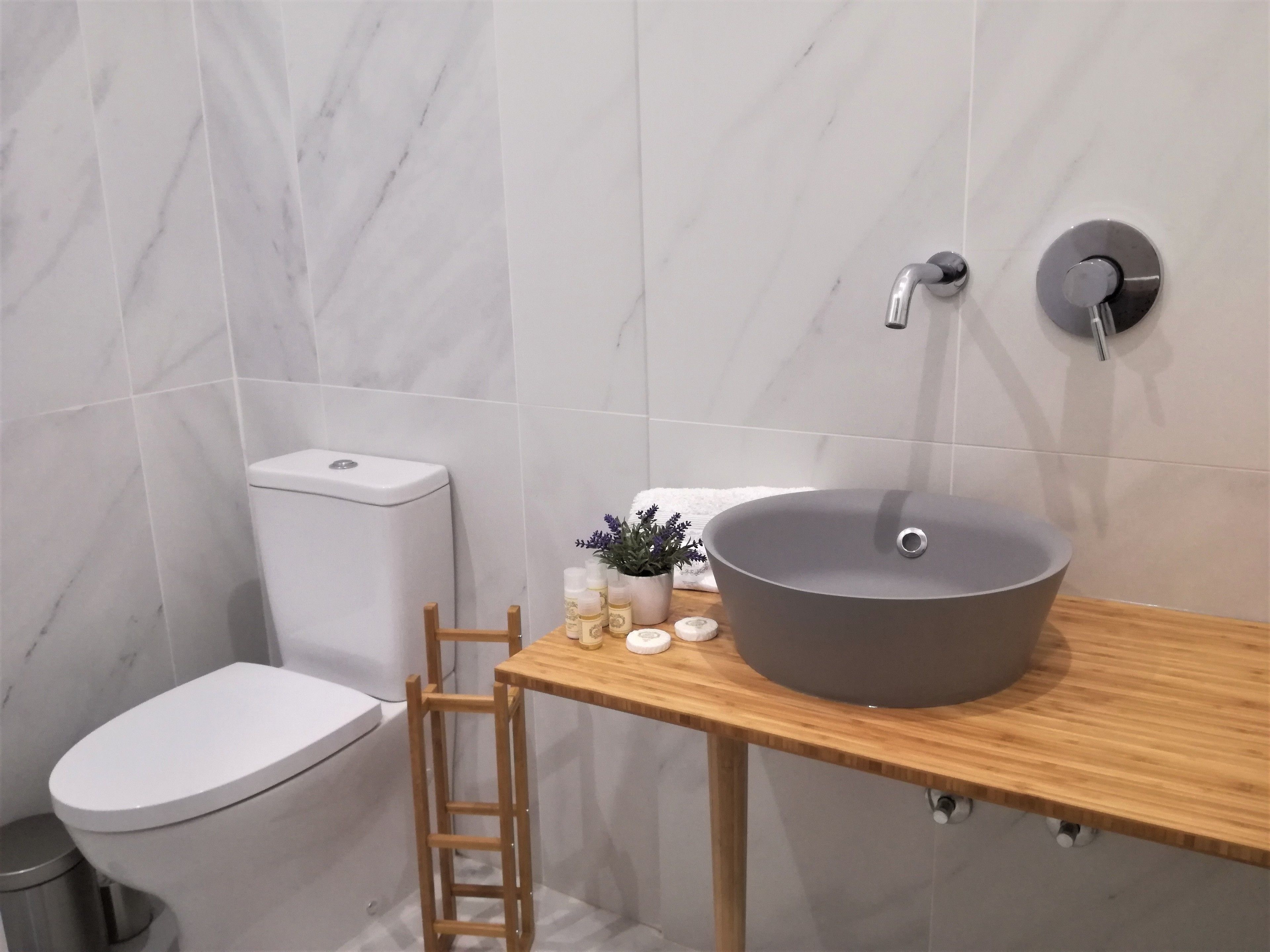 A bathroom with a toilet, a sink with a basin, a small wooden chair, and a potted plant.