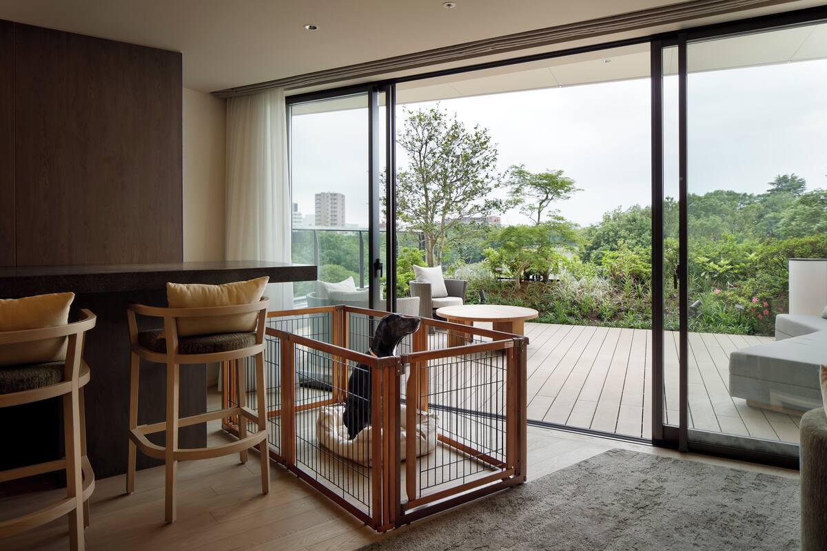 A modern living room with a large sliding glass door leading to an outdoor deck.