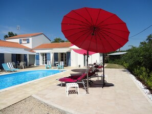 Seasonal outdoor pool, pool umbrellas, pool loungers