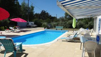 Seasonal outdoor pool, pool umbrellas, pool loungers