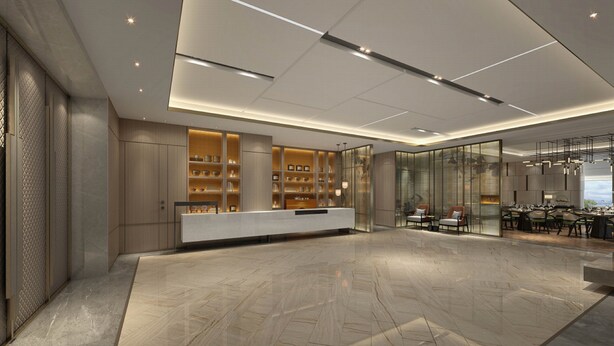 A modern reception area with a marble floor, a reception desk, and a seating area with tables and chairs. - Holiday Inn Express Changzhou Xinbei by IHG (Changzhou)