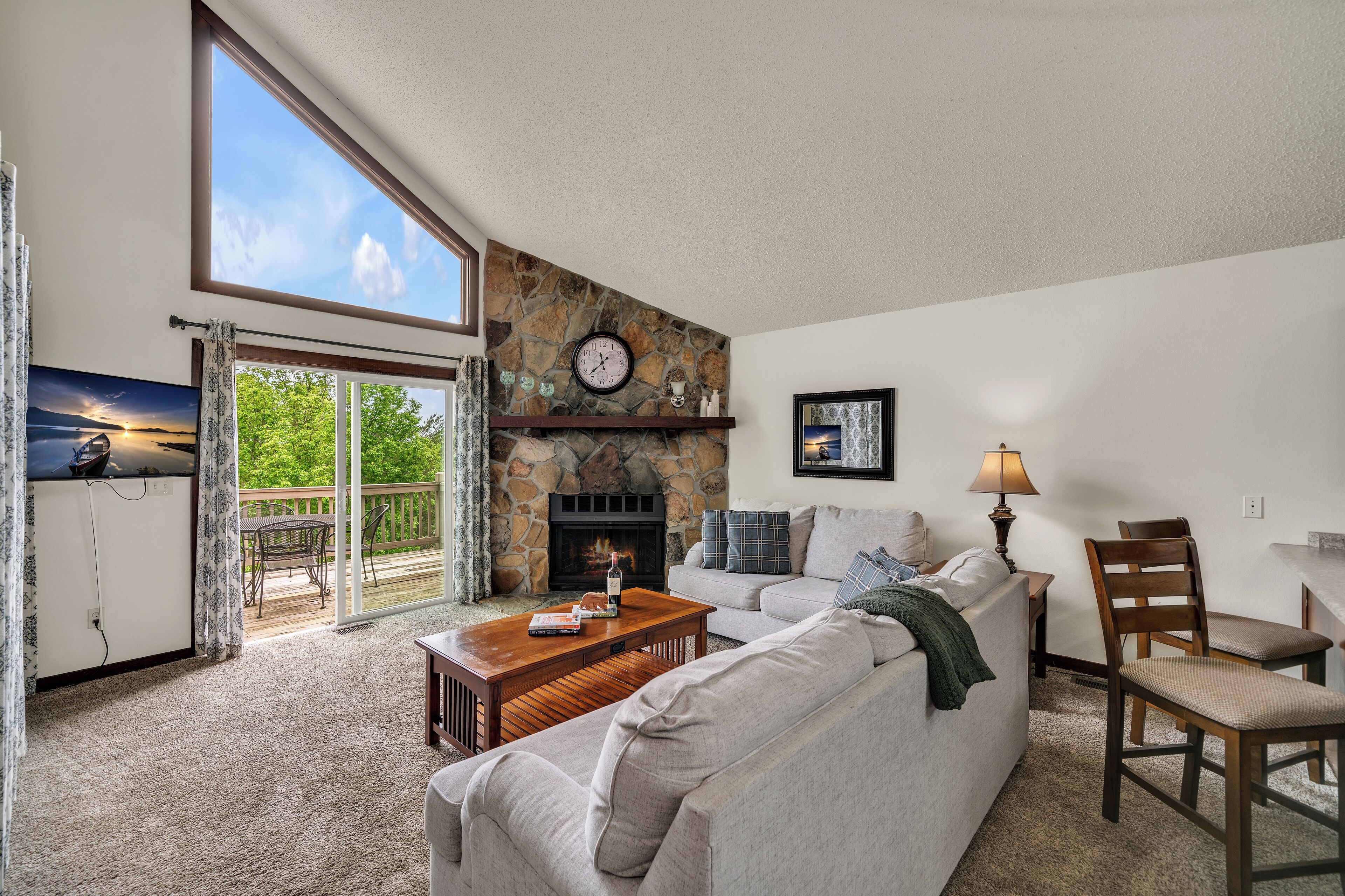 42-inch LED TV with cable channels, TV, fireplace