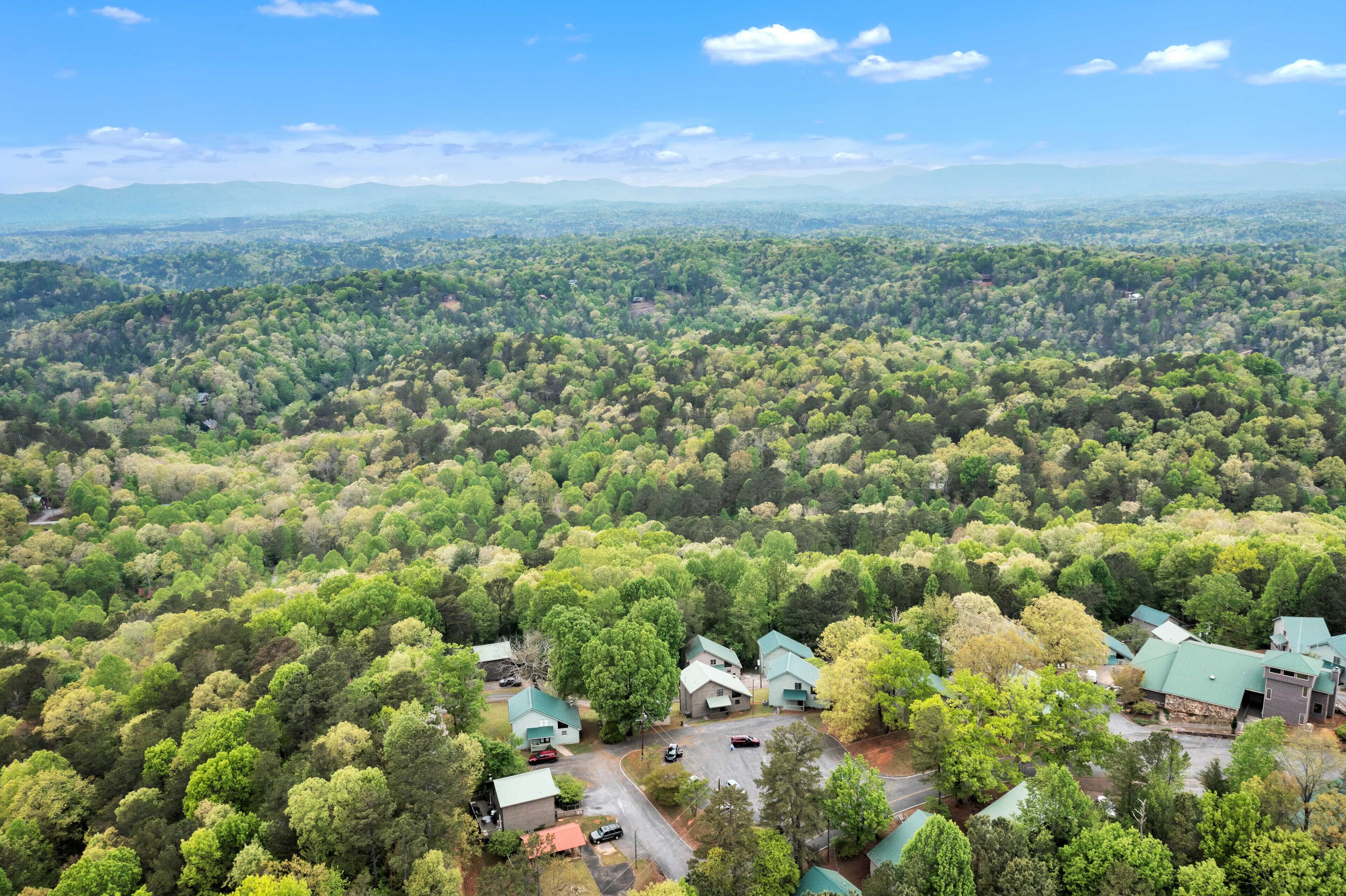 An aerial view of a residential area with multiple houses surrounded by dense forest.
