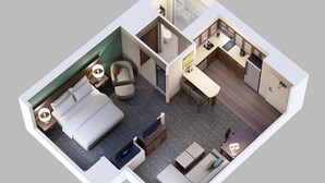 Distribución en 3D de una habitación de hotel con cama, sofá, escritorio, kitchenette y baño.