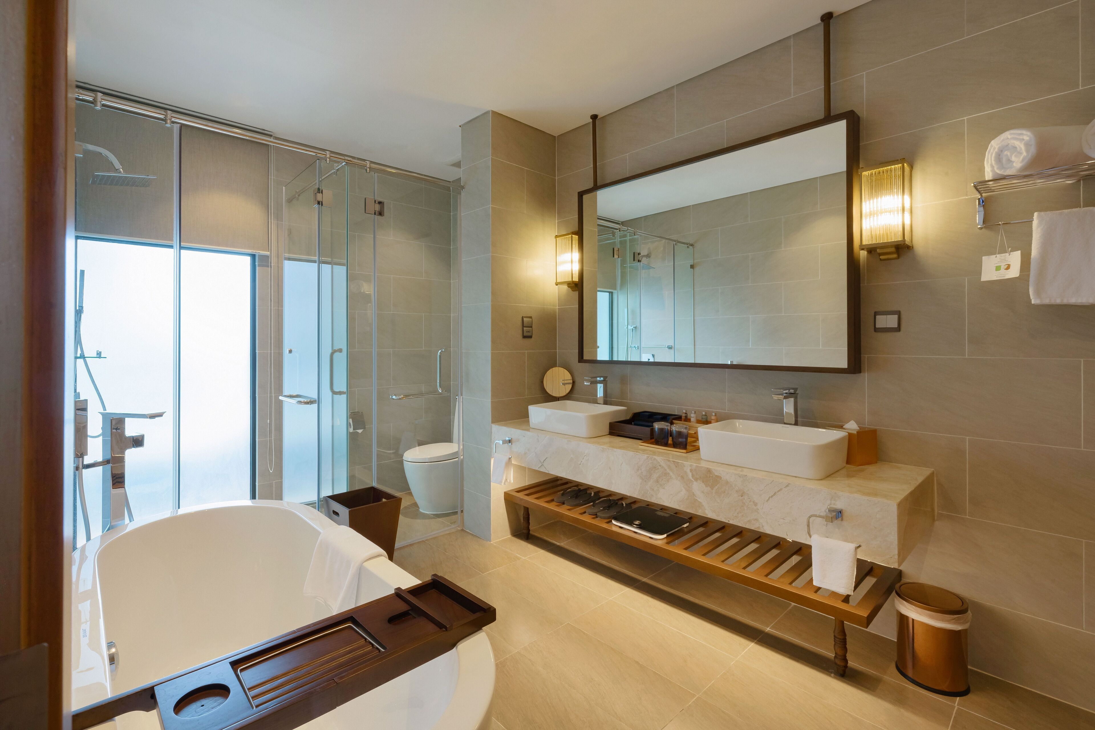 separate bathtub and shower, free toiletries, hair dryer, bathrobes