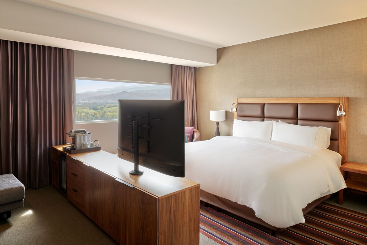 Habitación de hotel con una cama grande, un televisor sobre un escritorio de madera, una ventana con cortinas y vistas a las montañas.