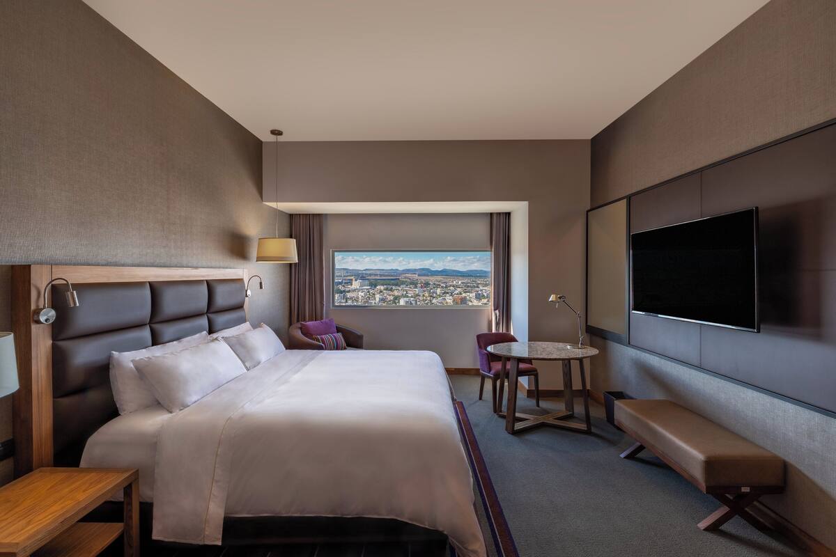 Une chambre d’hôtel avec un grand lit, une télévision, un bureau et une vue sur le paysage urbain.