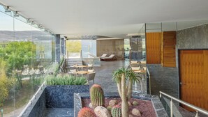 Um interior moderno com parede de vidro que oferece uma vista panorâmica, área de estar com mesas e cadeiras, e um jardim de cactos.