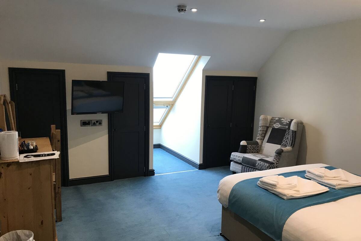 Un dormitorio con una cama, una silla, un escritorio, un televisor y un tragaluz.