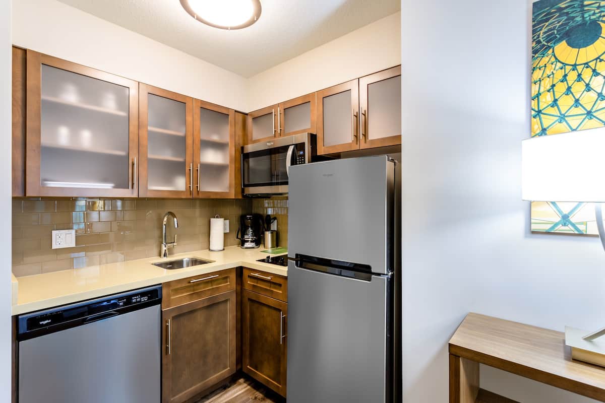 Full-sized fridge, microwave, stovetop, dishwasher