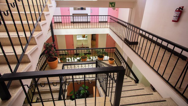 A multi-level interior with a staircase, potted plants, and a fire extinguisher on the wall. - Hotel Tropicus Boutique (Puerto Vallarta)