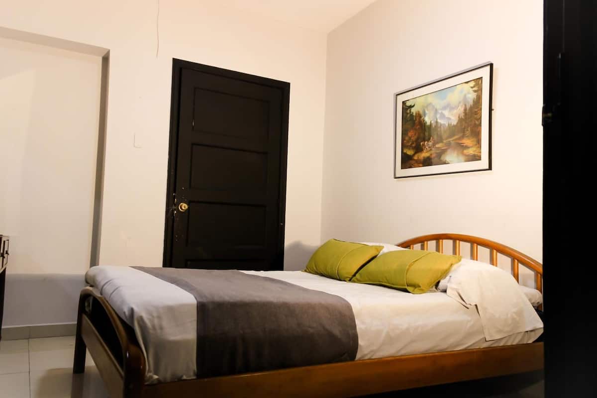 Una cama individual con estructura de madera, una puerta negra y un cuadro enmarcado en la pared.