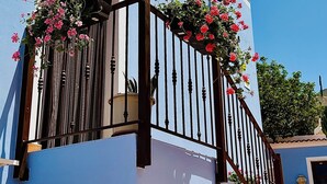 Un bâtiment à la façade bleue, doté d’un portail en métal et agrémenté de plantes en pot.