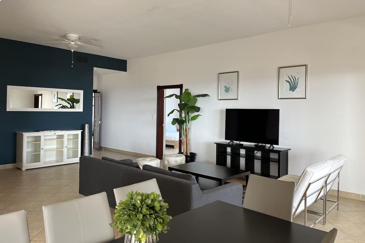 Ein modernes Wohnzimmer mit Flachbildfernseher, einem Esstisch und einer Couch.