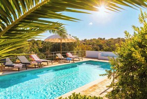 A swimming pool with lounge chairs and a sun umbrella, surrounded by greenery and a clear sky.
