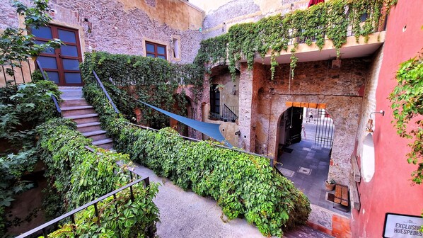 A narrow alley with a staircase surrounded by lush greenery and stone walls. - El Descanso Barrio del Artista (Puebla)