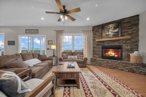 Flat-screen TV, fireplace, ping pong