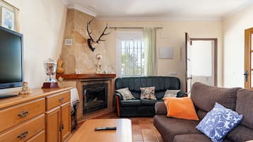 Een televisie en een open haard