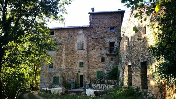 Ein rustikales Steinhaus mit mehreren Fenstern und einer Tür, umgeben von viel Grün und einem unbefestigten Weg.
